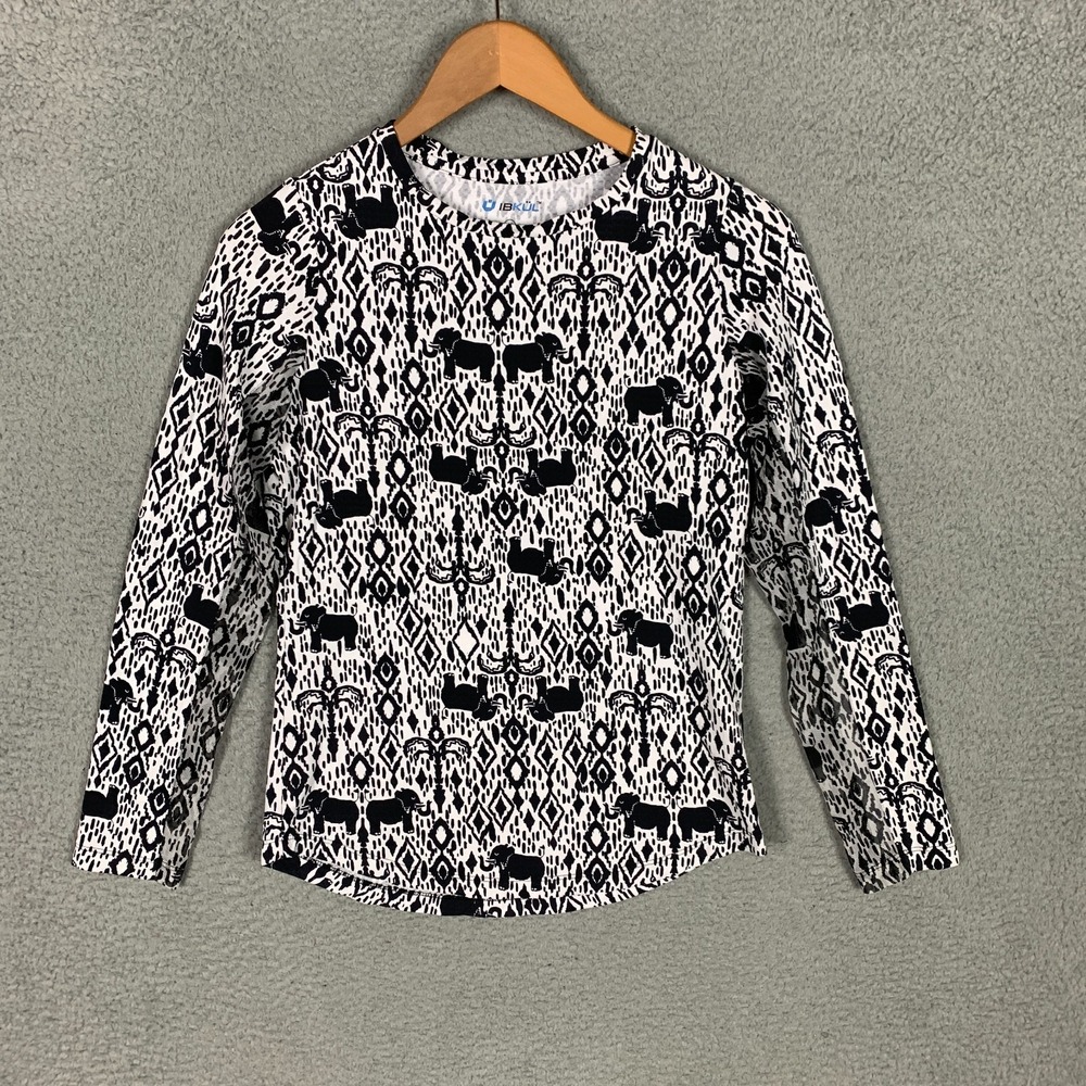 Ibkul Golf Shirt Top Womens XS Black Elephant Geometric Print Long Sleeve Tennis